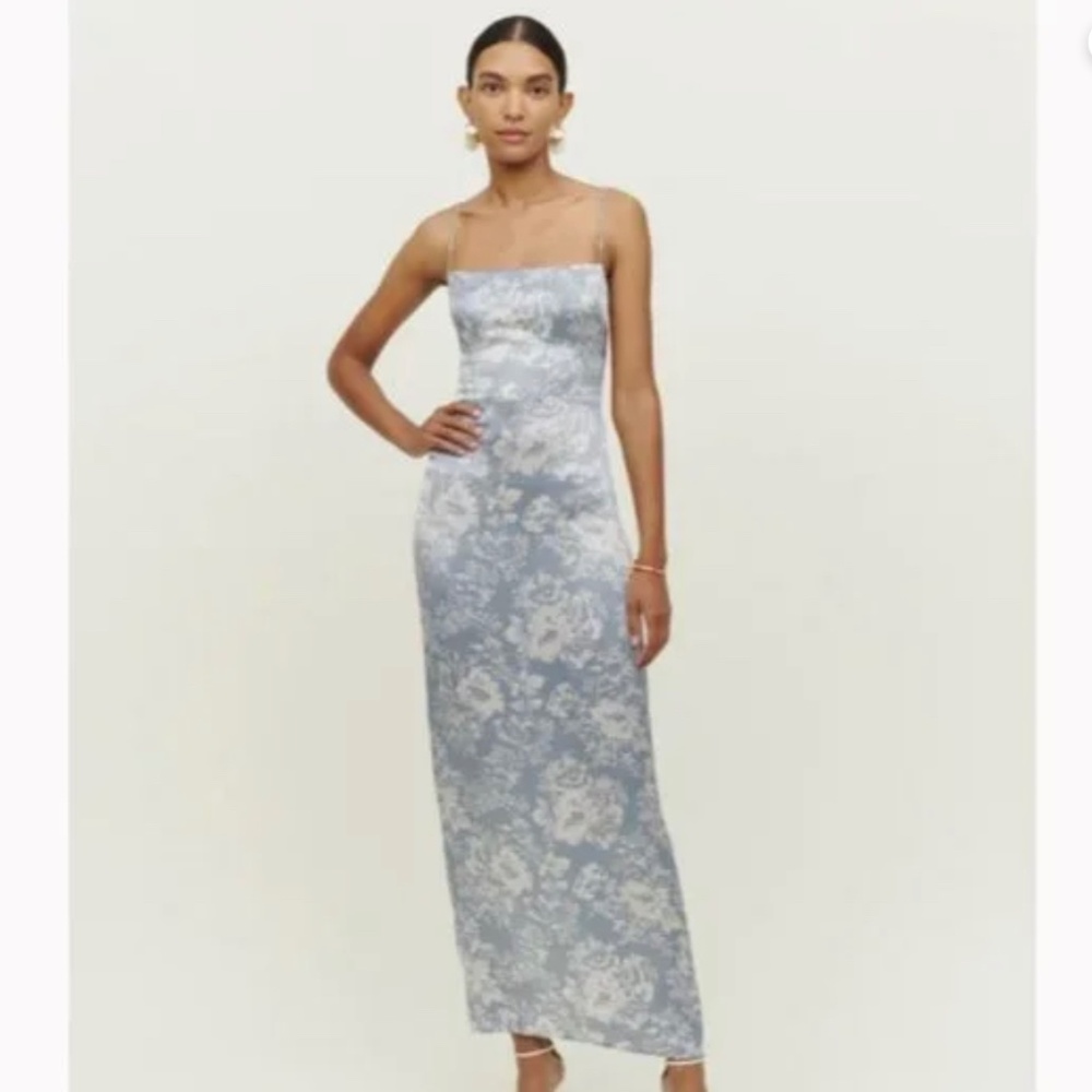 Reformation Frankie Silk Dress in Porcelain Blue White Floral Maxi